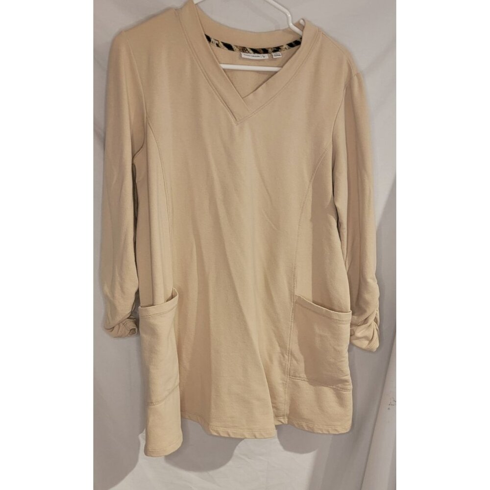 Susan Graver Womens Medium Top Tunic beige pullover Pockets Stretch V-neck Knit